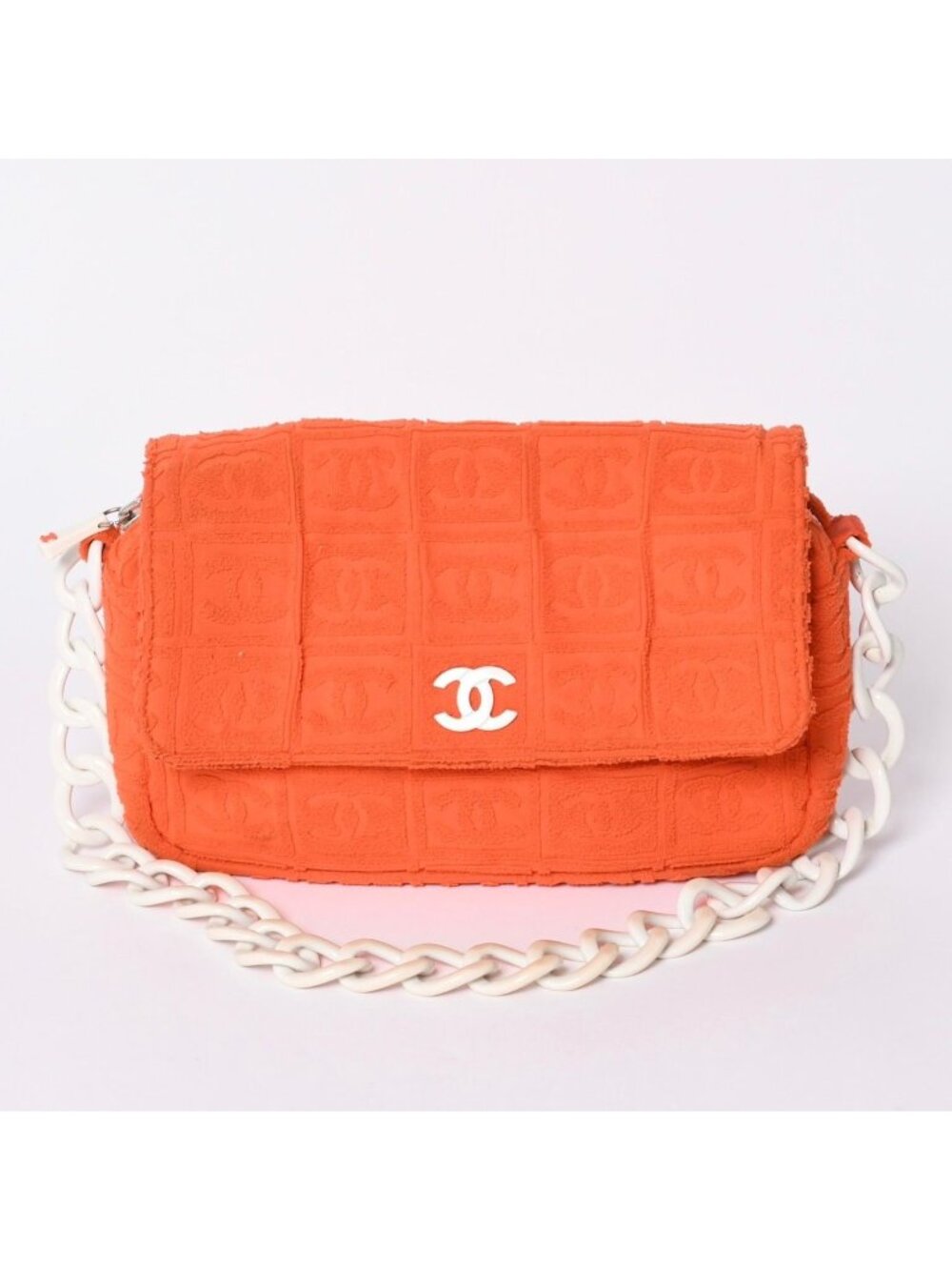 Chanel CC Logo Quilted Handbag Plastic Chain Pile Orange White
